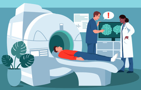 MRI scan therapy in clinic room. Doctor visiting patient on diagnosis. Nurse with doctor looking a picture of the brain on the monitor. Hospital health care use apparatus. Flat Vector illustrationのイラスト素材
