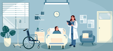 Person with disabilities on therapy in clinic. Doctor visiting patient in ward. Nurse provide hospital care. Woman lying in bed indoor clinic room. Wheelchair near bed. Flat Vector illustrationのイラスト素材