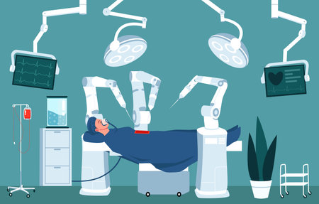 Surgery ward in clinic. Automatic robot performs heart surgery. Patient in operating room. Hospital care using mechanical assistance apparatus. Man lying in bed in icu room. Flat Vector illustrationのイラスト素材