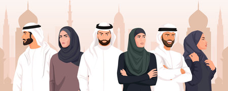 Arabic women and men. Arabian female, male. Traditional mosque cityscape panoramic view. Young attractive muslim lady, handsome person, gorgeous person wearing hijab. Vector illustrationのイラスト素材