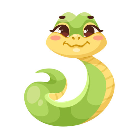 Cartoon cute green smiles snake isolated on white background. Little child snake character. Chinese horoscope zodiac sign, year of the snake 2025. Friendly character of reptile. Vector illustrationのイラスト素材