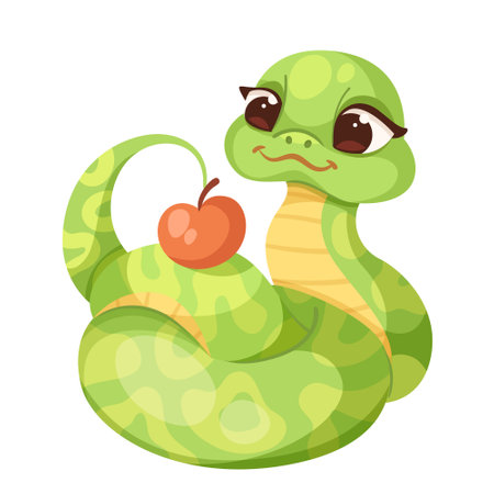 Cartoon cute green smiles snake isolated on white background. Little child snake character. Chinese horoscope zodiac sign, year of the snake 2025. Friendly character of reptile. Vector illustrationのイラスト素材
