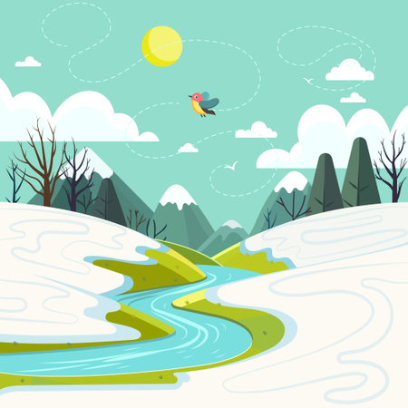 Spring mountain landscape with snowy meadow with blue sky. Colorful wild little bird flying on sky. Artistic drawing with hills peaks on background. Scenic outdoor valley. Vector illustrationのイラスト素材
