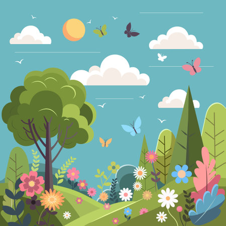 Spring landscape green meadow with butterflies on sky. Colorful wild flowers blooming. Artistic drawing with green forest and natural flora. Scenic background outdoor countryside. Vector illustrationのイラスト素材