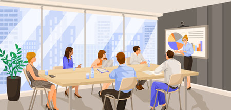 Staff meeting at long desk on presentation in office room. Manager stands near financial diagram. Team work on conference. Business training, discussion and brainstorming seminar. Vector illustrationのイラスト素材