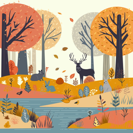 Autumn landscape with wild deer in reserve park. Autumn forest background. Brown leaves are falling. Wonderland landscape in fall season. Beautiful poster for print postcard. Vector illustrationのイラスト素材