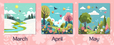 Spring frame calendar with different landscapes of green meadow with butterflies on sky and snowy valley in mountains. Colorful wild flowers blooming. Artistic drawing with flora. Vector illustrationのイラスト素材
