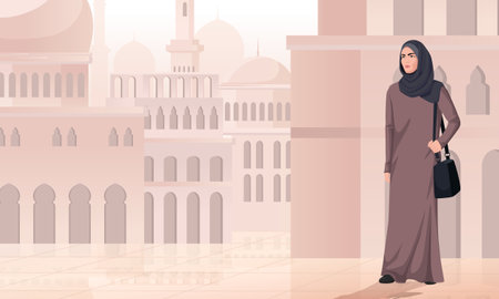 Arabic woman. Person wearing hijab. Poster of Arabian female in cityscape. Traditional mosque panoramic view. Happy muslim lady at city street. Vector illustrationのイラスト素材