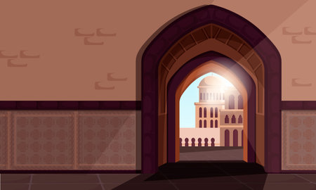 Arabian cityscape poster with arch. Ancient town scenery. Old arabian cityscape. Arab city with mosque minaret on background. Facade of islam building. Nobody in town on banner. Vector illustrationのイラスト素材