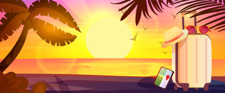 Summer evening sunset poster template vacation. Time to travel ocean beach. Suitcase with hat and sunglasses on sandy beach. Promotion and shopping template for Summer. Vector illustrationのイラスト素材