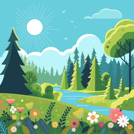 Summer landscape green meadow with blue sky. Colorful wild flowers blooming. Artistic drawing with green forest and natural flora. Scenic background of outdoor countryside. Vector illustrationのイラスト素材