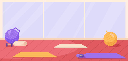 Colorful empty fitness gym interior with exercise mat, ball and dumbbell. Big panoramic window. Concept of studio interior for lessons of yoga, gymnastics, training. Flat Vector illustrationのイラスト素材