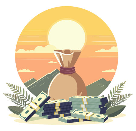 Green dollars banknotes with sunrise. Cash wealth in realistic style. Business design element for banner or poster. Banking design element. Credit, profit symbol. Saving success. Vector illustrationのイラスト素材