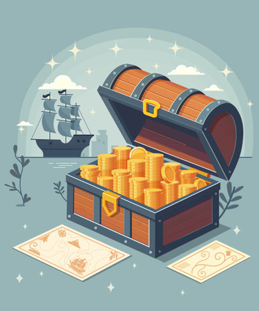 Treasure box with golden coins. Open wooden chest full of golden coins with pirate ship on background. Design element in 3d style for game of web. Tressure hunters map concept. Vector illustrationのイラスト素材