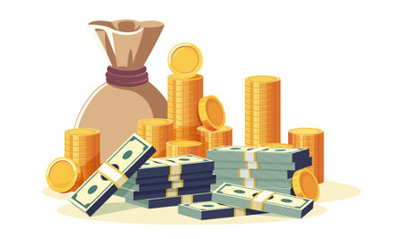 Stack of green dollars and gold coins. Cash wealth in realistic style. Business design element for banner or poster. Banking design element. Credit, profit symbol. Saving success. Vector illustrationのイラスト素材