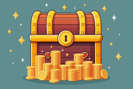 Shiny treasure box with golden coins front view. Stack of golden coins near closed wooden chest isolated on blue background. Magic wealth symbol in flat style for game of web. Vector illustrationのイラスト素材