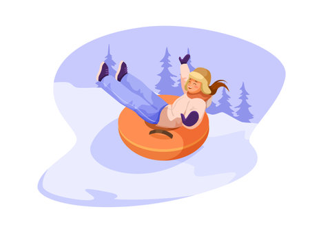 Active funny winter game, snowy season, vacation lifestyle. Smiling happy boy doing snow tubing on hill. Outdoor wintertime activity, cheerful kid sliding. Joyful childhood. Vector illustrationのイラスト素材