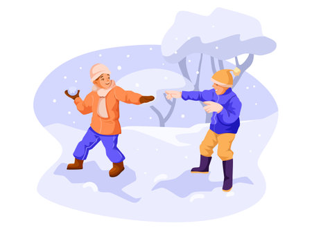 Friends playing snowball in wintertime season. Funny happy childhood, snowy frosty weather, boy throw snow ball, outdoor fight, christmas happiness, winter holiday recreation. Vector illustrationのイラスト素材