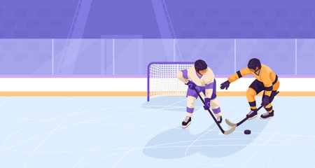 Sportsman from different team are playing hockey, competing on friendly match without spectators. Winter games competition. Concept of sport activity and healthy lifestyle. Vector illustrationのイラスト素材
