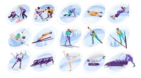 Set of winter sport, extreme activity, collection of ice skating, snowboarding, hockey, skiing, downhill racing, biathlon, bobsleigh. Cute cartoon design. Healthy lifestyle. Vector illustrationのイラスト素材