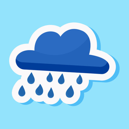 Rainy cloud sticker with falling raindrops. Autumn and spring weather, meteorology forecast. Cute cartoon design symbol. Humidity element. Isolated on blue background. Vector illustrationのイラスト素材