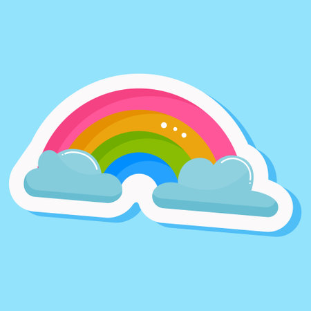 Colourful rainbow with cloud sticker in summer sky, natural element, cute cartoon design, bright spectrum. Creative idea for children entertainment. Isolated on blue background. Vector illustrationのイラスト素材