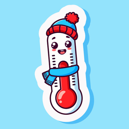 Cartoon cold thermometer sticker, temperature measurement icon, fahrenheit and celsius degree, cute character with hat and scarf. Isolated on blue background. Vector illustrationのイラスト素材