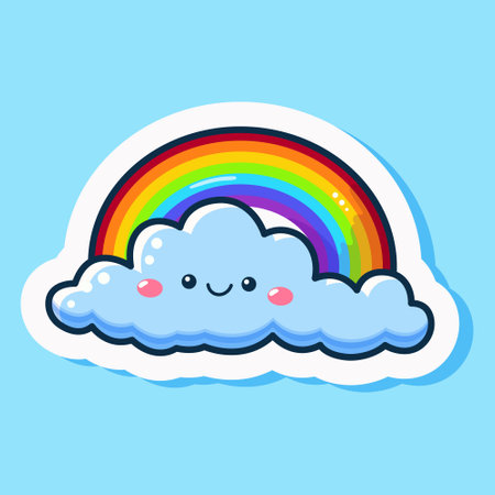 Colourful rainbow with smiling cloud sticker in summer sky, natural element, cute cartoon design, bright spectrum. Creative idea, child entertainment. Isolated on blue background. Vector illustrationのイラスト素材