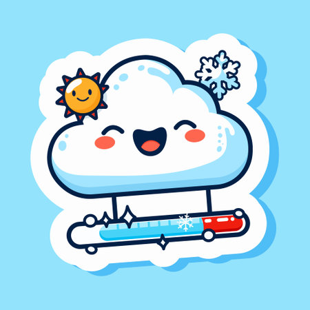 Cartoon cloud sticker icon holding thermometer, snowy symbol, funny cute design, bubble element, winter frost forecast climate, heaven character. Isolated on blue background. Vector illustrationのイラスト素材