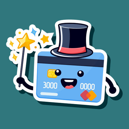 Cute cartoon design sticker with funny credit card with smiling emoticon wearing top hat, holding magic wand. Concept of money saving, economy. Life within means. Vector illustrationのイラスト素材