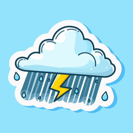 Thunder, rain and lightning symbol. Storm cartoon cloud icon, cute design character. Children doodle...