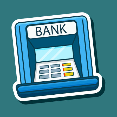 Cute cartoon design sticker with ATM machine. Ability to withdraw money from card. Enter pincode, get cash. Multifunctional device. Isolated on teal background. Vector illustrationのイラスト素材
