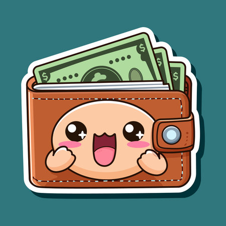 Cute cartoon design sticker with funny purse, smiling emoticon. Brown wallet. Banknotes stick out....