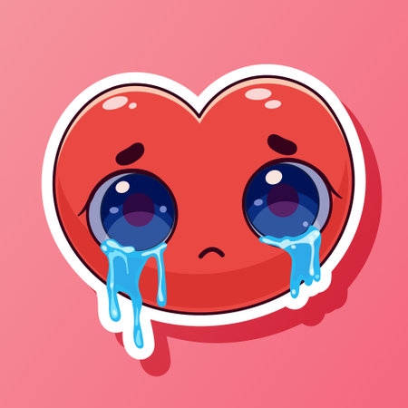 Cute cartoon designed sticker with red crying heart emoticon. Valentine day emotion. Sad face emoji. Romantic tears, broken relationship. Isolated on pink background. Vector illustrationのイラスト素材