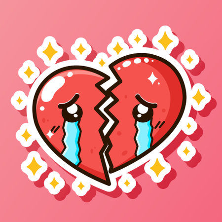 Cute cartoon designed sticker with broken crying red heart emoticon. Valentine day emotion. Sad face emoji. Romantic tears, breakup relationship. Isolated on pink background. Vector illustrationのイラスト素材