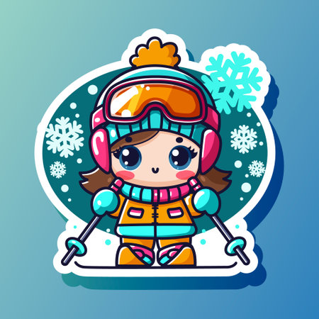 Cute cartoon designed sticker with skiing girl in warm sport equipment. Snowy winter season. Children outdoor activity. Happy child leisure. Isolated on blue background. Vector illustrationのイラスト素材