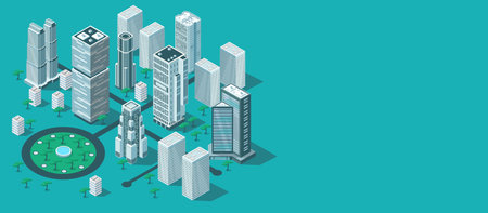Town center, city skyscraper building, urban street cityscape, business downtown, modern construction. District infrastructure. Teal background. Isometric vector illustrationのイラスト素材