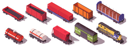 Collection of railway train wagon, locomotive transport, cargo transportation, railroad carriage,...