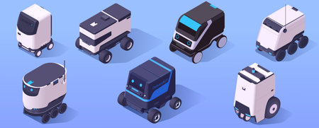 Set of cute realistic designed delivery robots. Collection of various types of modern vehicle...