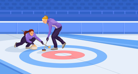 Female sportsman training to play curling in special ice arena. Red and blue markings on the ice. No...