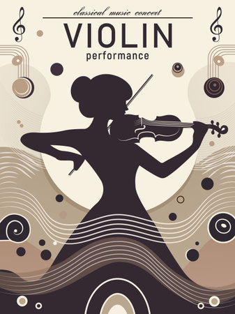 A poster with a silhouette of a young woman, a girl who plays the violin. The musical concept. Vector illustrationのイラスト素材