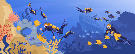 Scuba diving on the bottom of the sea. Beautiful seascape fauna, fish. corals and algae. Sunken...