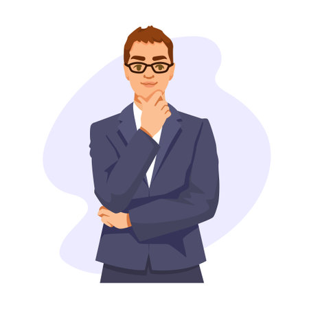 Young businessman in thoughtful pose, cartoon style, on plain background, concept of professional contemplation, Vector illustration. Vector illustrationのイラスト素材