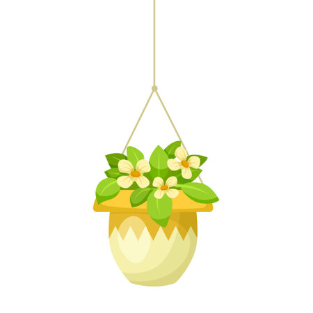 A vector illustration of a hanging flower pot with white flowers and green leaves on a white background, concept of home decor. Vector illustrationのイラスト素材
