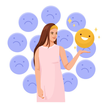 A woman holding a happy face emoji among sad face emojis in a vector illustration with a plain background. Mood and emotion concept. Vector illustrationのイラスト素材