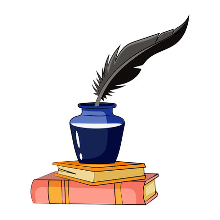 Creative personal talent. Literature and poetry writing. Books, ink and pen. Concept of creation of novel, short story, play in different genres. Isolated on white background. Vector illustrationのイラスト素材