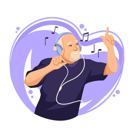 Elderly man enjoying music with headphones, vector illustration on a purple abstract background, concept of joyful aging. Vector illustrationのイラスト素材