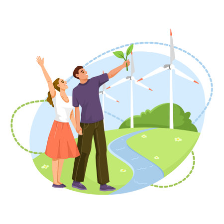 Illustration of two people and wind turbines, flat graphic style, white background, concept of renewable energy. Vector illustrationのイラスト素材