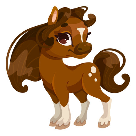 A cartoon illustration of a brown pony with white markings, standing on a plain background, depicting a cute animal character. Vector illustrationのイラスト素材