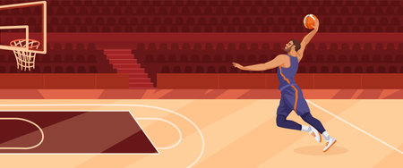 A basketball player shooting a ball on a stylized court, vector illustration on a vibrant red...